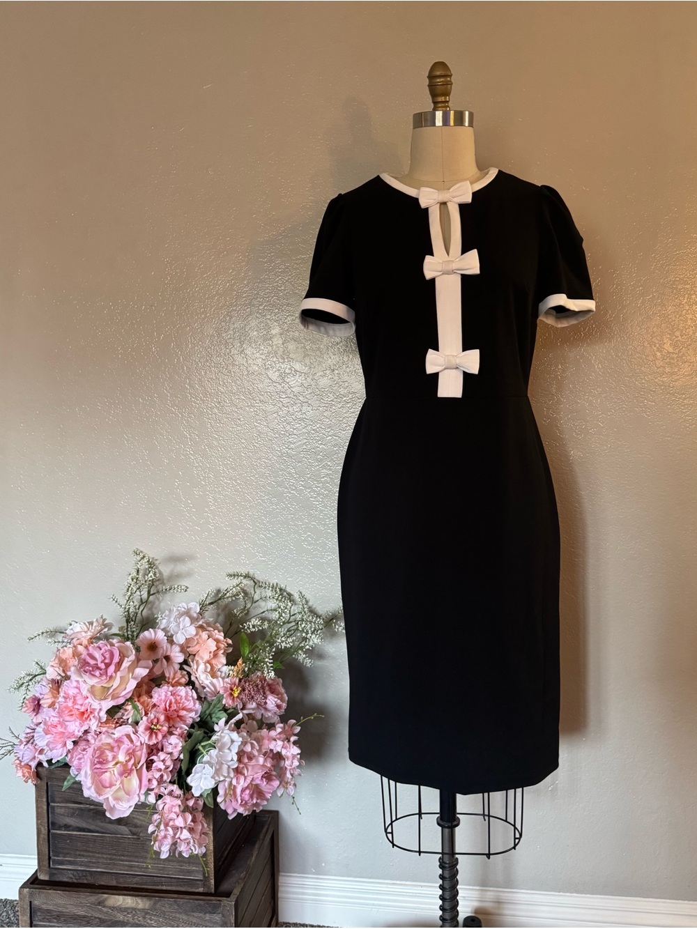 Classic Black Dress with White Trim and Bows